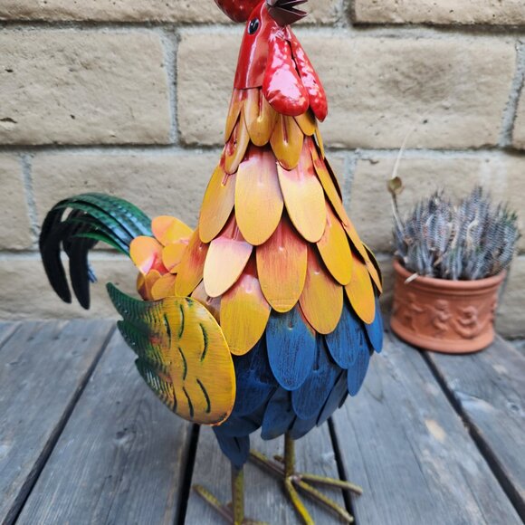 Embossed Feather Metal Rooster Statue 16" H - Picture 4 of 5